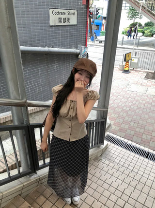 Checked chiffon long skirt