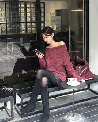 Distressed off-shoulder knit (4 colors)