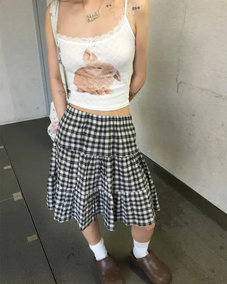 Tartan check tiered midi skirt