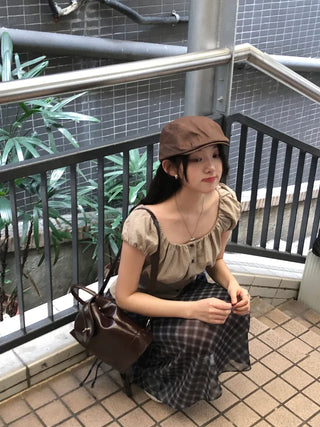 Checked chiffon long skirt