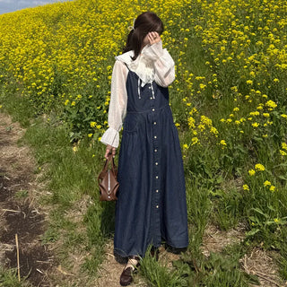 Denim button sleeveless long dress