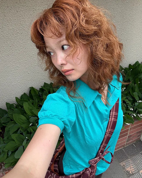 Colored neck puff sleeve shirt