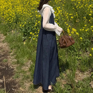 Denim button sleeveless long dress