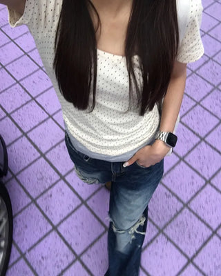 Pindot Square Neck Ribbed Half T-Shirt