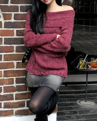 Distressed off-shoulder knit (4 colors)