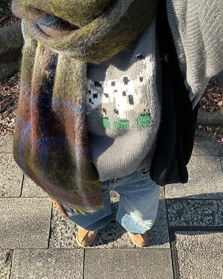 Wool mix check big fringe scarf