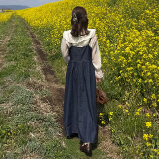 Denim button sleeveless long dress