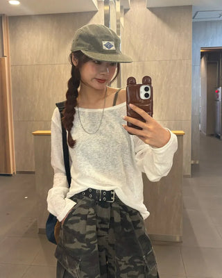 2-way loose sheer summer knit T-shirt