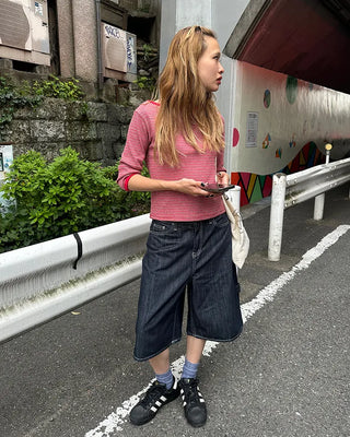 Border Slash Neck Cropped Sleeve T-Shirt