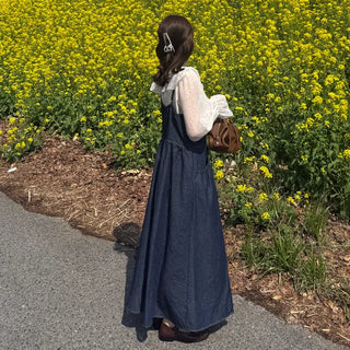 Denim button sleeveless long dress