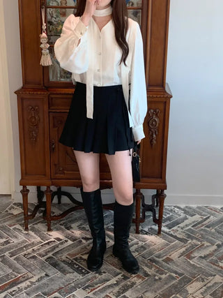 Ribbon pleated mini skirt pants (2c)
