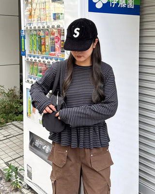 Striped frill long-sleeved T-shirt