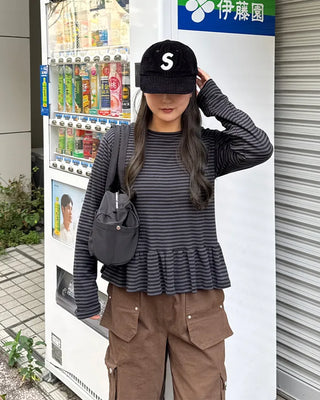 Striped frill long-sleeved T-shirt