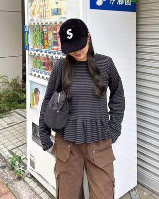 Striped frill long-sleeved T-shirt