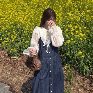 Denim button sleeveless long dress