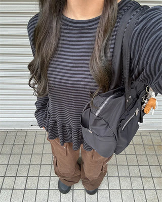 Striped frill long-sleeved T-shirt