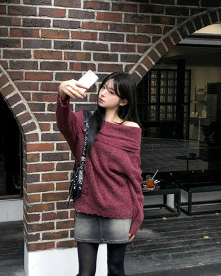 Distressed off-shoulder knit (4 colors)