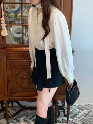 Ribbon pleated mini skirt pants (2c)