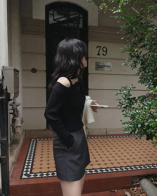 Asymmetrical Ribbon Off-Shoulder Knit