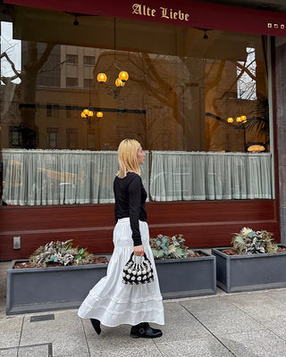 Shirred frill yoke flared long skirt