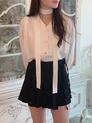 Ribbon pleated mini skirt pants (2c)