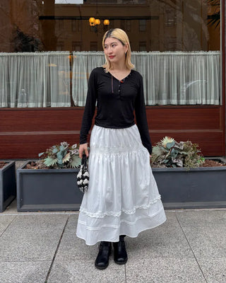 Shirred frill yoke flared long skirt