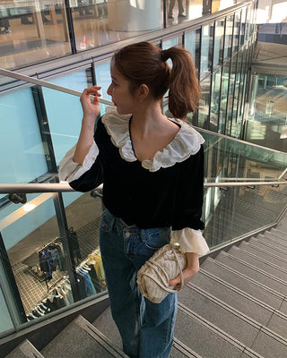 Frilled velvet blouse