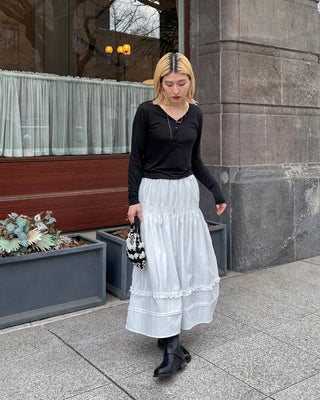 Shirred frill yoke flared long skirt