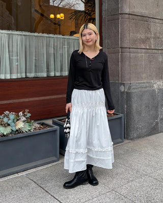 Shirred frill yoke flared long skirt