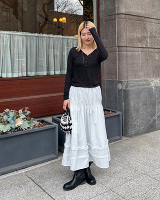 Shirred frill yoke flared long skirt