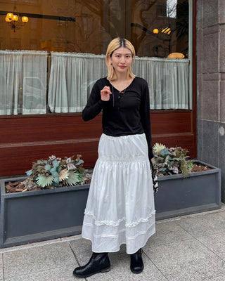 Shirred frill yoke flared long skirt