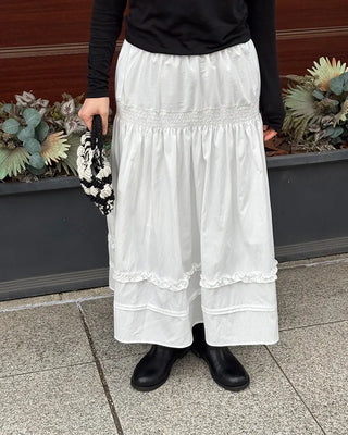 Shirred frill yoke flared long skirt