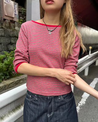 Border Slash Neck Cropped Sleeve T-Shirt