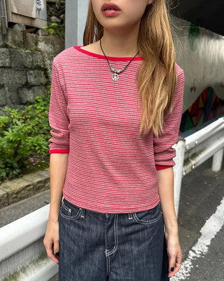 Border Slash Neck Cropped Sleeve T-Shirt