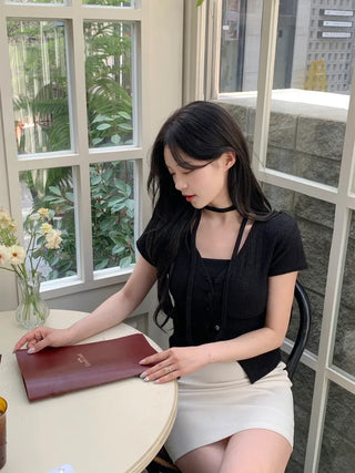 Slim Tie Short-Sleeve Cardigan Set