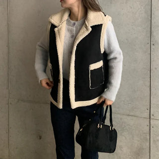Square pocket sheepskin vest