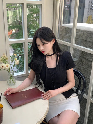 Slim Tie Short-Sleeve Cardigan Set