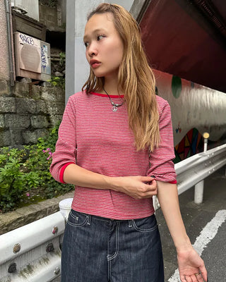 Border Slash Neck Cropped Sleeve T-Shirt