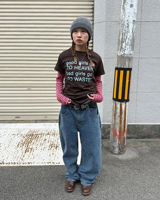 Oblong neck round hem border ribbed long T-shirt