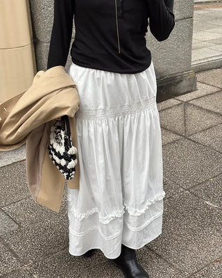 Shirred frill yoke flared long skirt