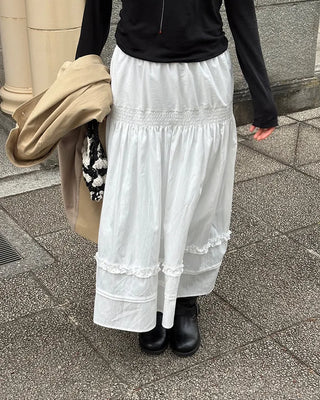 Shirred frill yoke flared long skirt