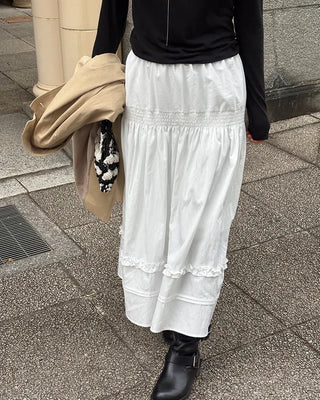 Shirred frill yoke flared long skirt