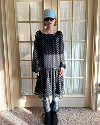 Bateau neckline polka dot yoke gathered chiffon dress