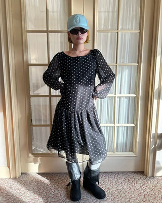 Bateau neckline polka dot yoke gathered chiffon dress