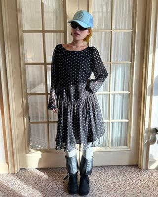 Bateau neckline polka dot yoke gathered chiffon dress