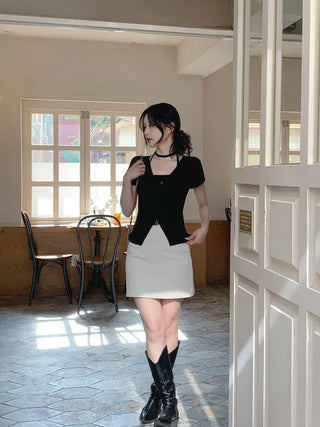 Slim Tie Short-Sleeve Cardigan Set