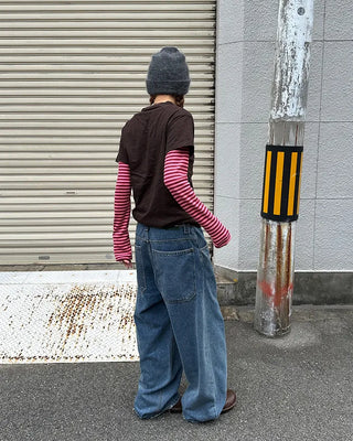 Oblong neck round hem border ribbed long T-shirt
