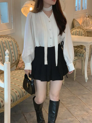Ribbon pleated mini skirt pants (2c)