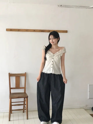 String Wide Summer Low Denim Pants