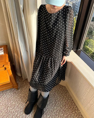 Bateau neckline polka dot yoke gathered chiffon dress
